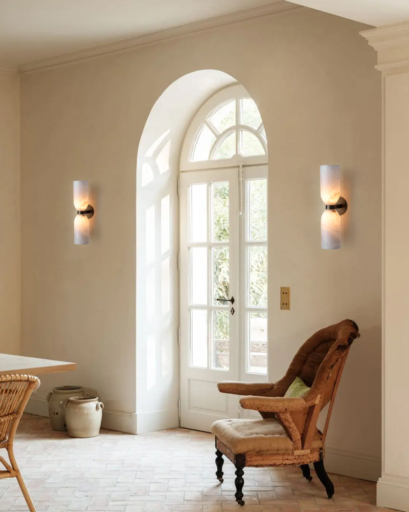 Double 2 lights Alabaster Tandem Wall Lamp in Unique Brass/Black Metal Framework