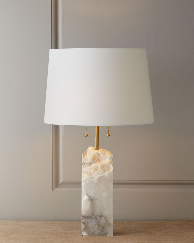 Dia 15" White Alabaster Table Lamp with linen tapered shade for living room bedroom