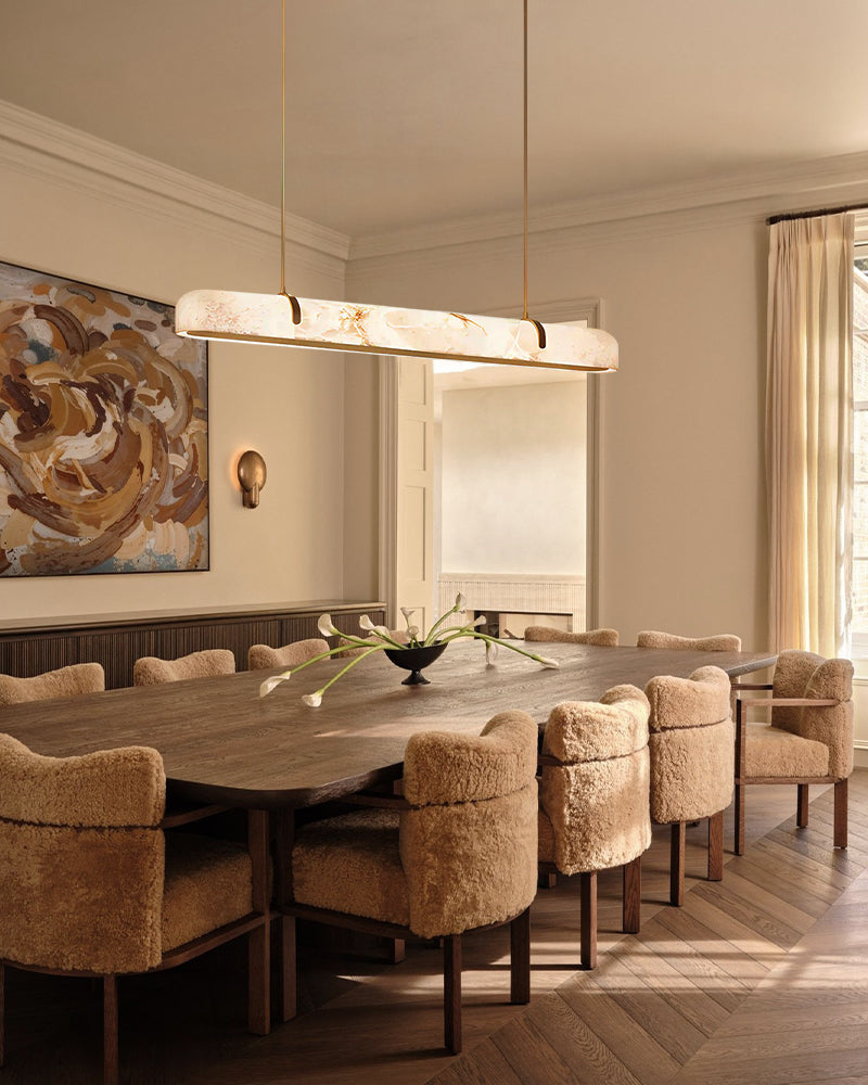Alabaster Linear Capsule Chandelier - Natural Spanish Alabaster, Lux Gold Trim - Kitchen Islands & Dining Rooms