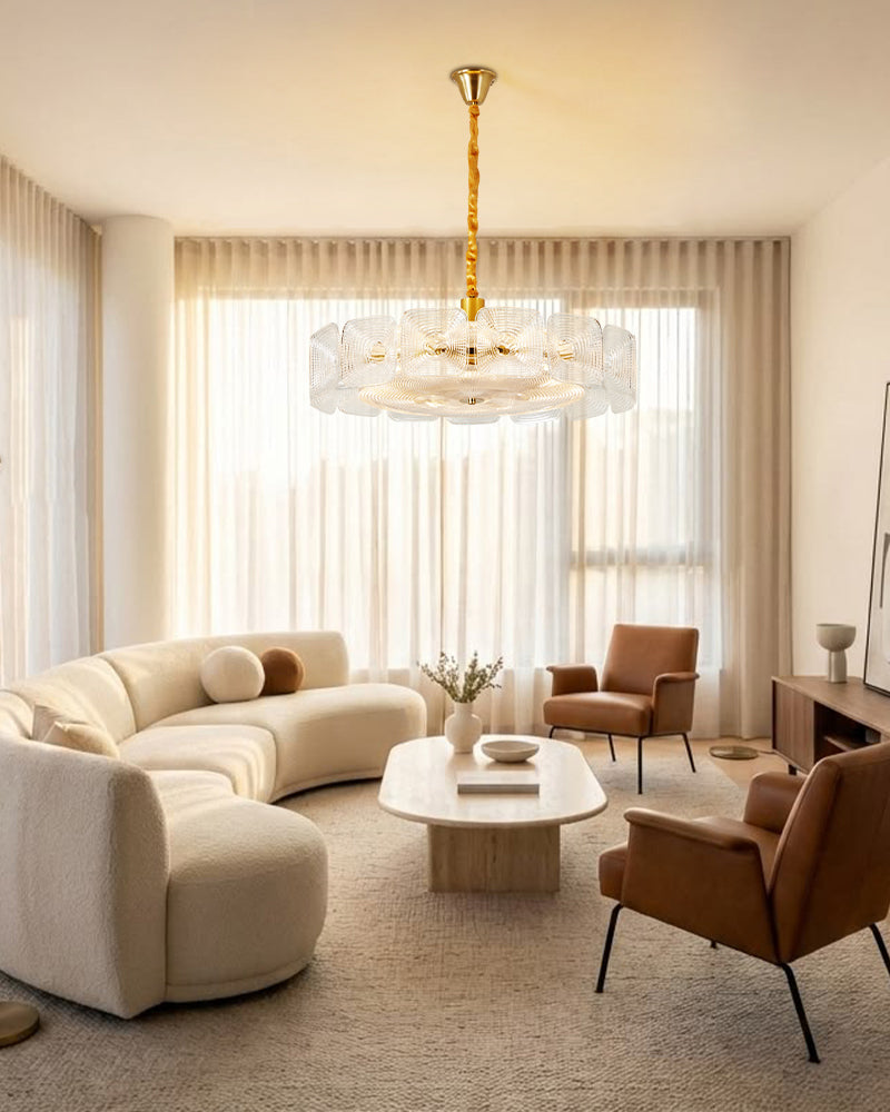 Emerald Clear Ghiaccio Glass Halo Ring Chandelier - Emerald Glass, Lux Brass Trim - Living Rooms, Bedrooms, Dining Rooms