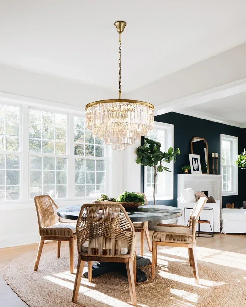 LightsStory Series Cascading Chandelier | Seven Tier Crystal Fringe Precision-cut clear triangular crystal rods and sturdy iron frame, Brushed Gold finish for Grand Foyers and Dining Rooms American chandelier