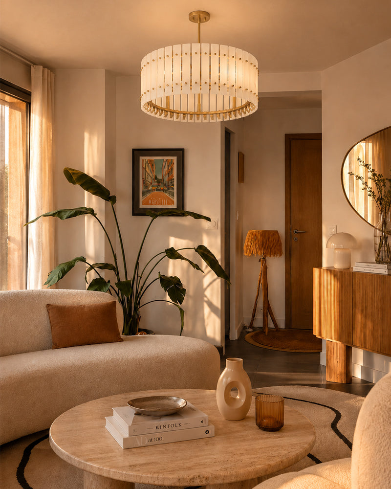 Burton Alabaster Gold Studded Panel Drum Pendant Light - Natural Spanish Alabaster Panels, Lux Gold Trim - Living Rooms & Dining Rooms