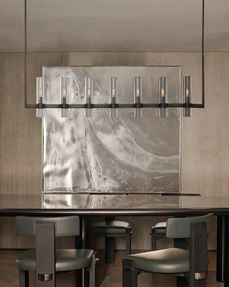 Ravelle Series Geometric Chandelier | Linear Premium hand-blown glass and solid brass construction, Lacquered black brass finish for Dining Rooms and Kitchen Islands American chandelier