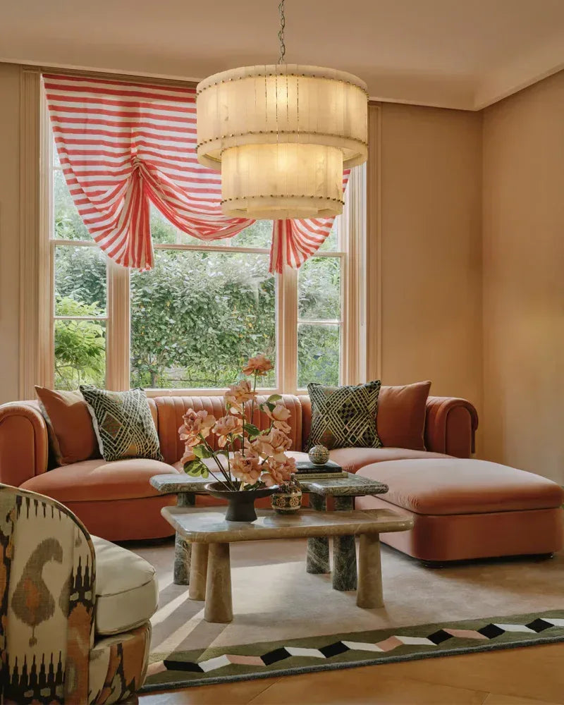 Val d’Isère Series Architectural Chandelier | Double Tier Drum Hand-carved alabaster panels with durable steel frame, Mid-century steel finish for Dining rooms, foyers, or offices American Vintage chandelier lamp