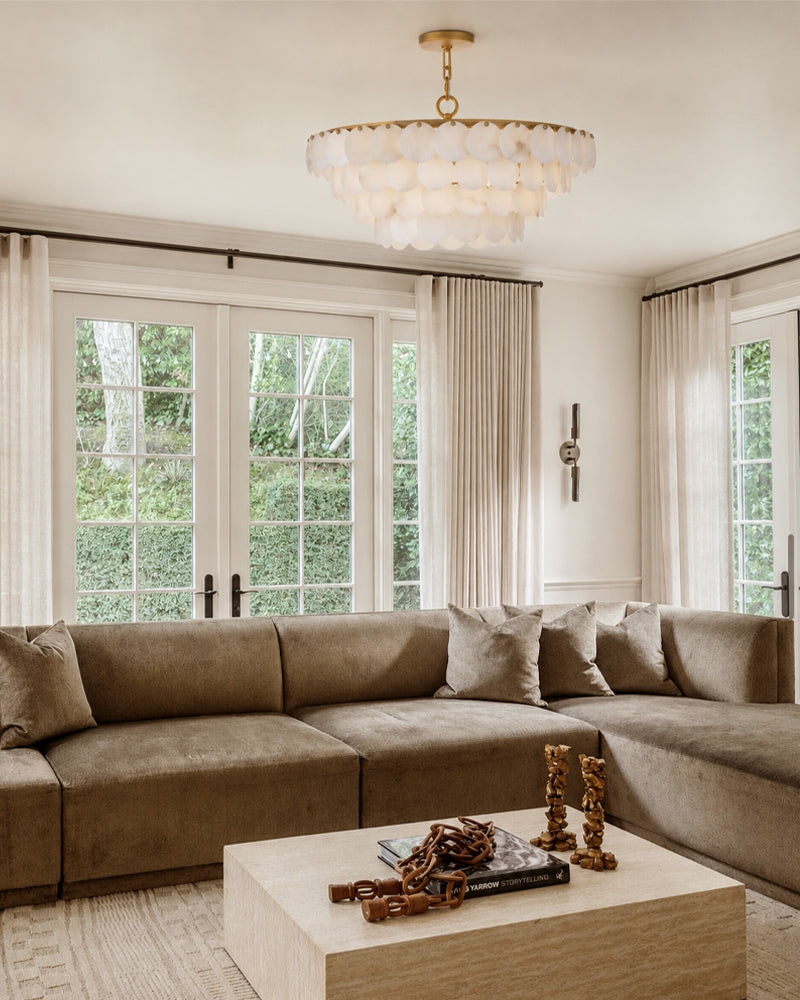 Cascada Alabaster Disc Multi Tiered Ceiling Light - Natural Spanish Alabaster, Semi Flush Mount, Lux Gold Trim - Living Rooms, Bedrooms & Dining Rooms