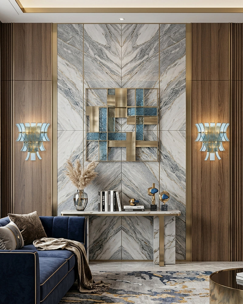 Ghiaccio Glass Azure Blue Cascade Wall Light Sconce - Heritage Brass, Semi Flush Mount - Hallways, Bedrooms & Living Rooms