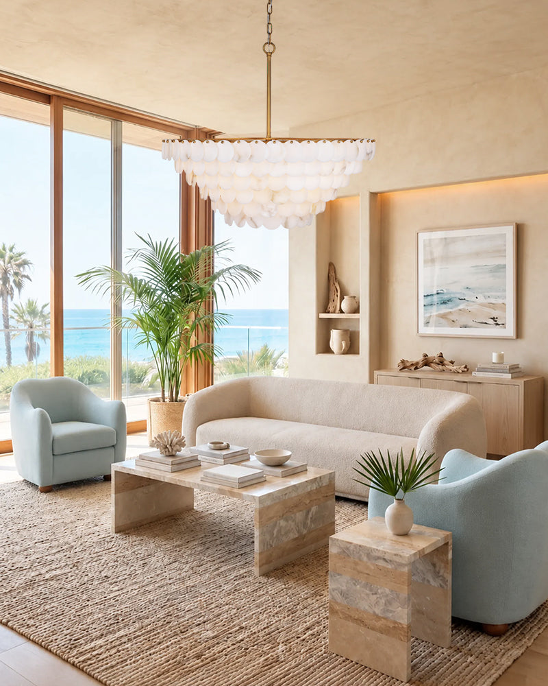 Cascada Alabaster Disc Multi Tiered Chandelier - Natural Spanish Alabaster, Lux Gold Trim - Dining Rooms and Living Rooms