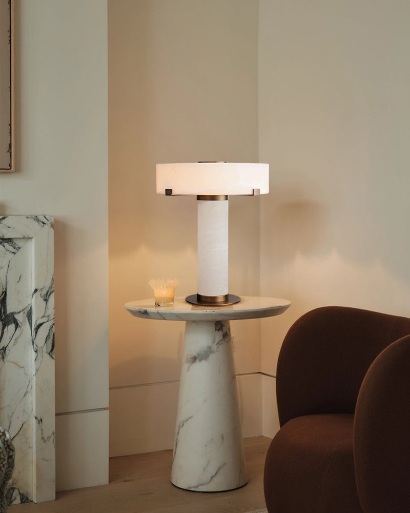 Chayla Alabaster Column Table Lamp – Hand-Carved Stone with Polished Brass/Black Accents Modern Table lamp
