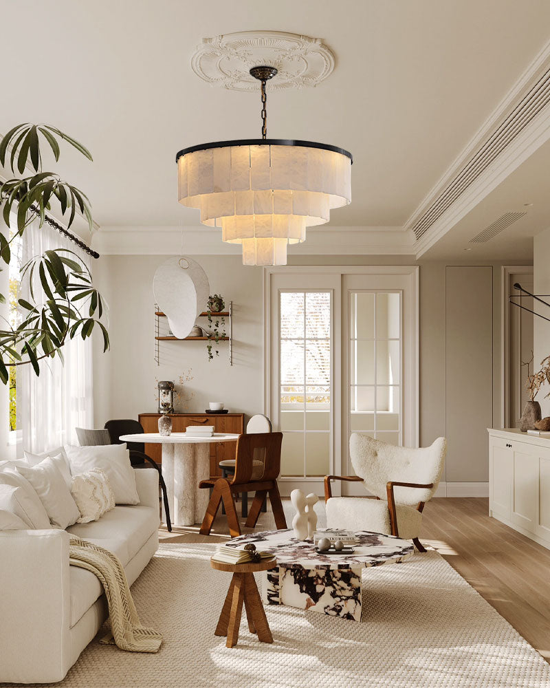 Modern living room with 7-layer alabaster chandelier above marble coffee table