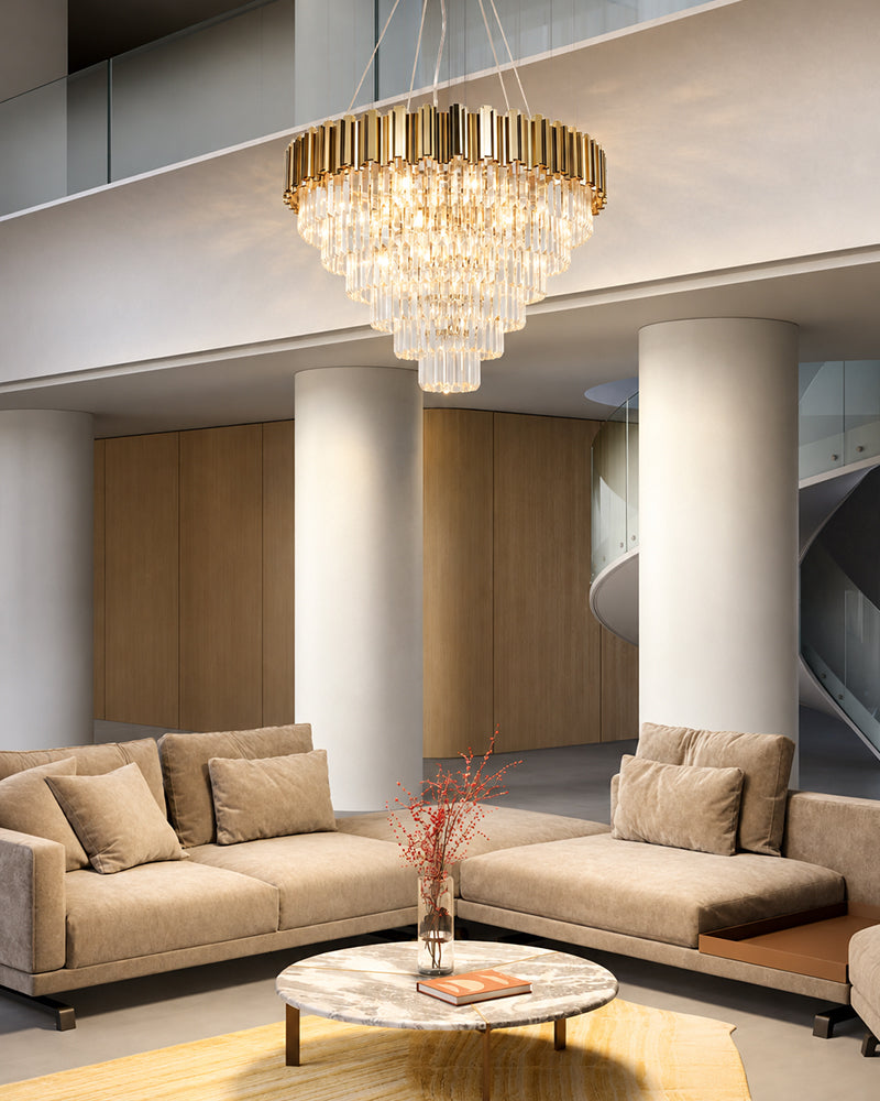 Bordeaux Multi Tiered Golden K9 Crystal Waterfall Chandelier - Lux Gold Trim - Living Rooms, Dining Rooms & Foyers