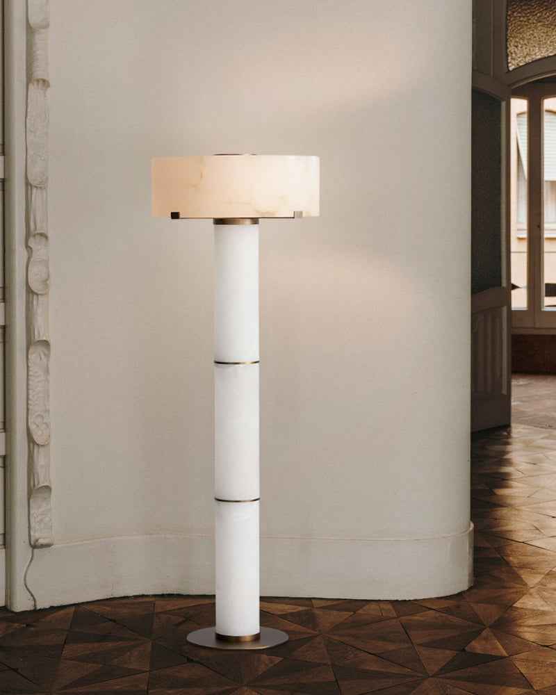 Ascot Series Prismatic Floor Lamp | Monolithic Alabaster Column Carved Natural Alabaster and Polished Nickel Steel, Polished Nickel finish for Grand entryways, dining rooms, and contemporary living spaces Modern Art Design Floor Lamp
