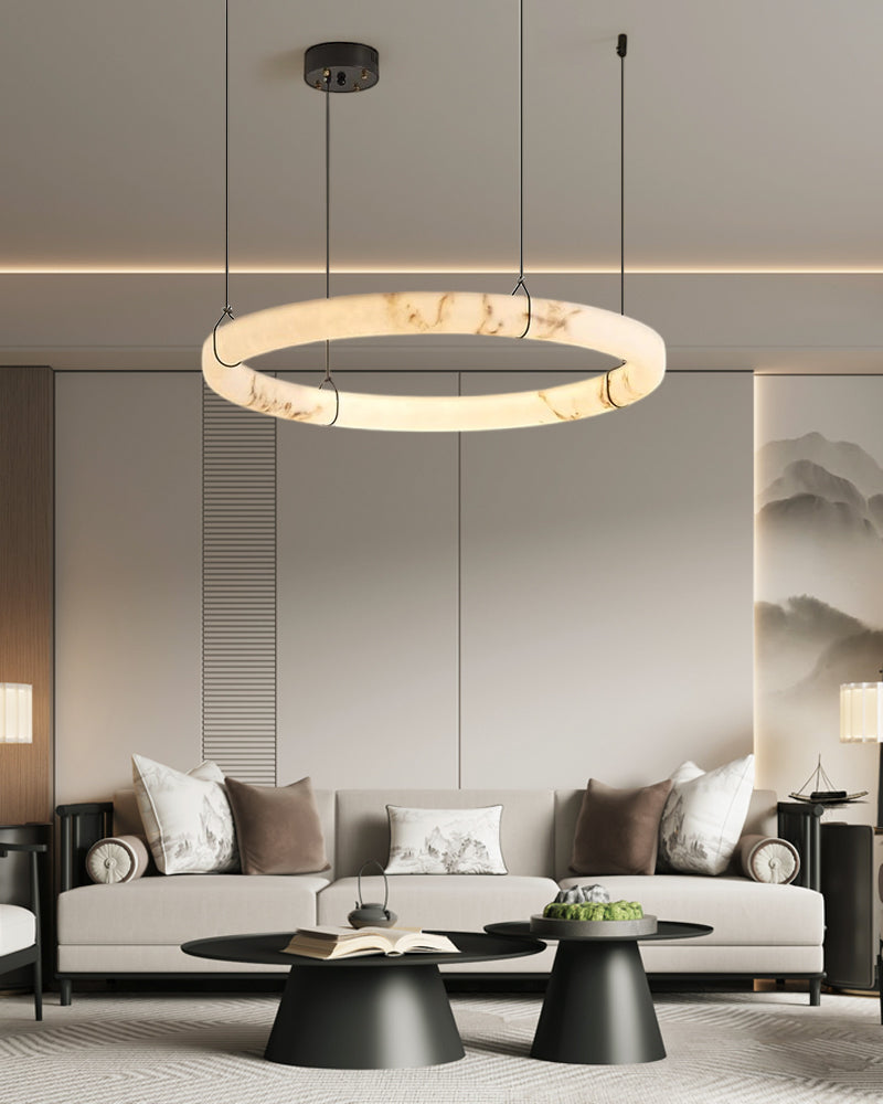 Dia 31.5" Black Metal Modern Single Ring Alabaster Pendant Light,60W