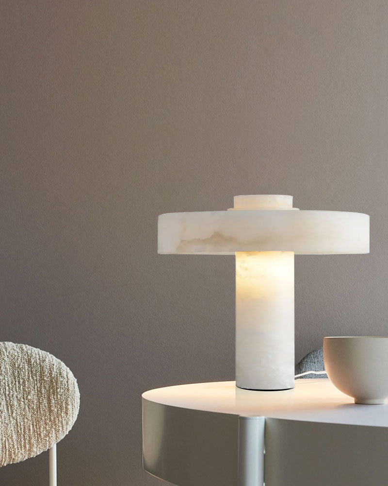 E27 alabaster marble table lamp on white table with bowl, minimalist decor.