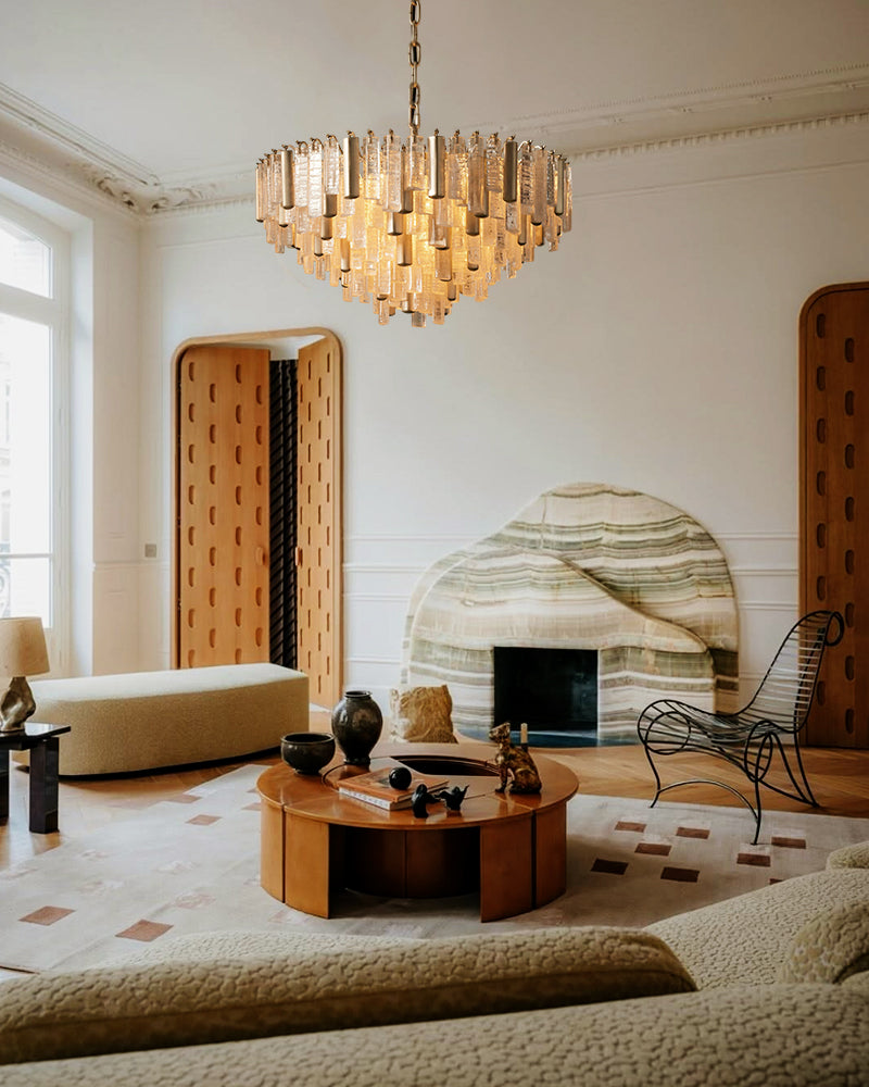 Brass multi-tier crystal glass prism chandelier with clustered pendant prisms