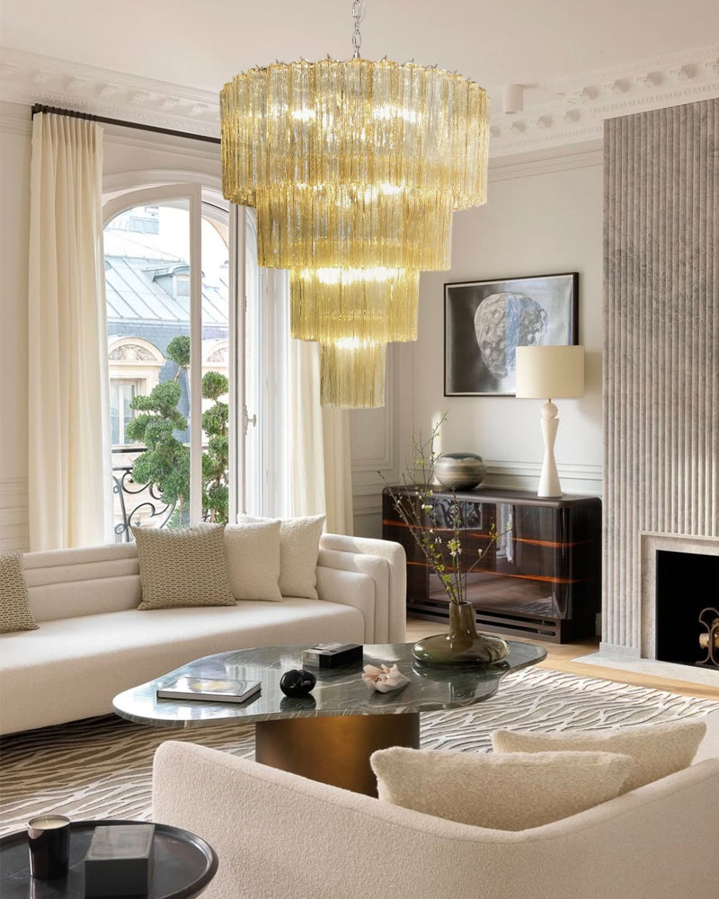 Fantastic Murano Amber Glass Tube Chandelier in Chrome & Golden Frame