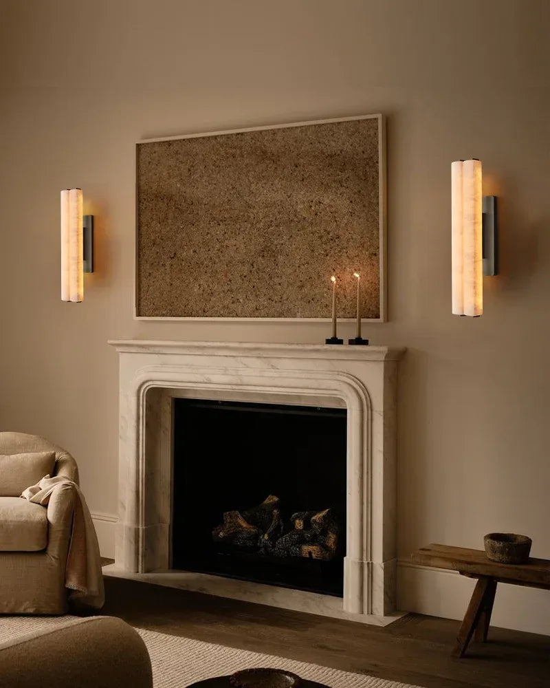 Valence Series Architectural Wall Sconce | Vertical Linear Sleek Brass and Raw Veined Alabaster, Burnished Brass and Black for Modern Living Rooms and Hallways Flush Mounted Wall Sconce Lamp