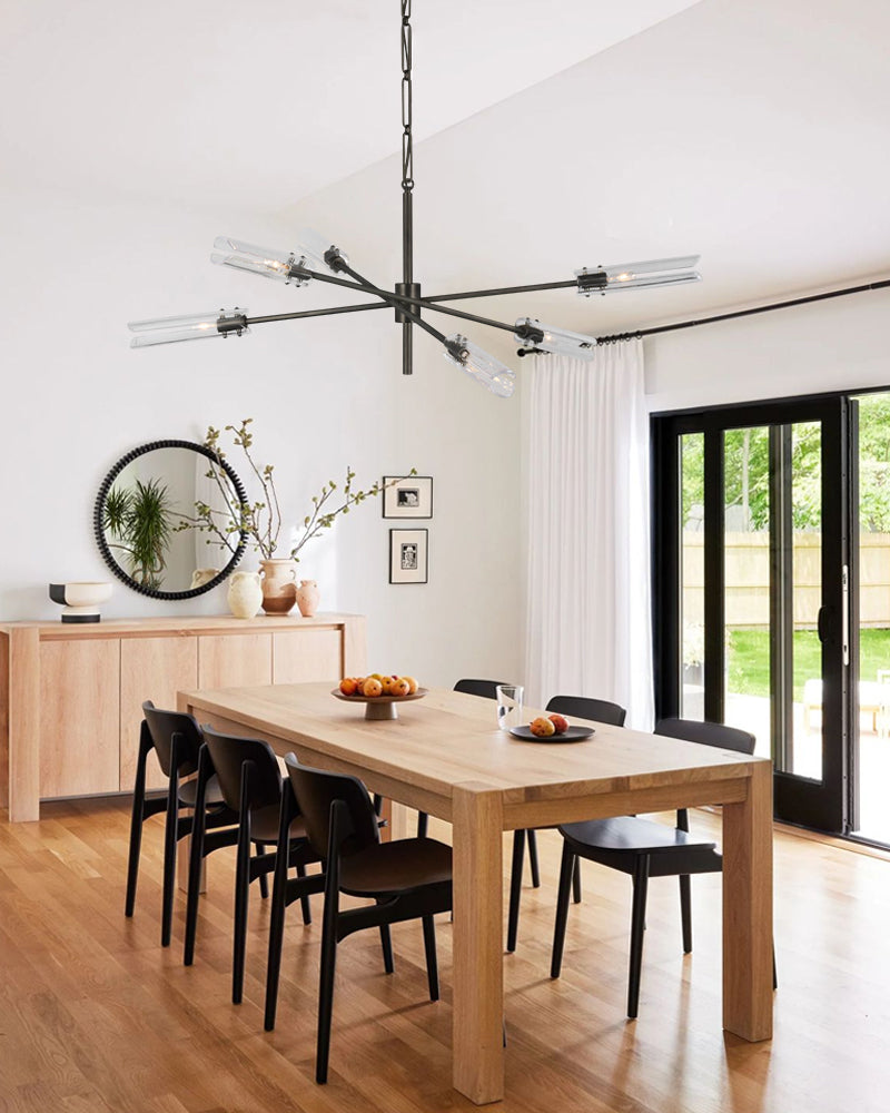Brushed Chrome Metalwork Chandelier with Textured Slender Clear Glass Cylinders