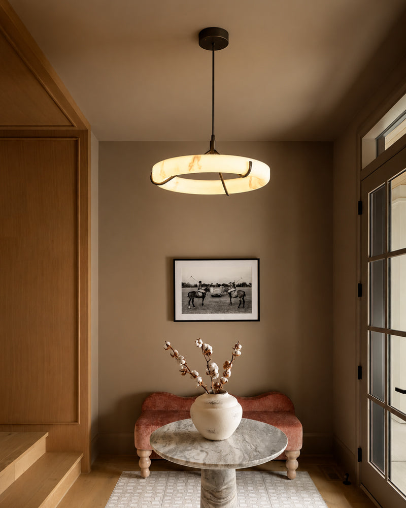 Alabaster Circular Halo Ring Cradled Arch Pendant Light - Natural Spanish Alabaster - Living Rooms & Dining Rooms