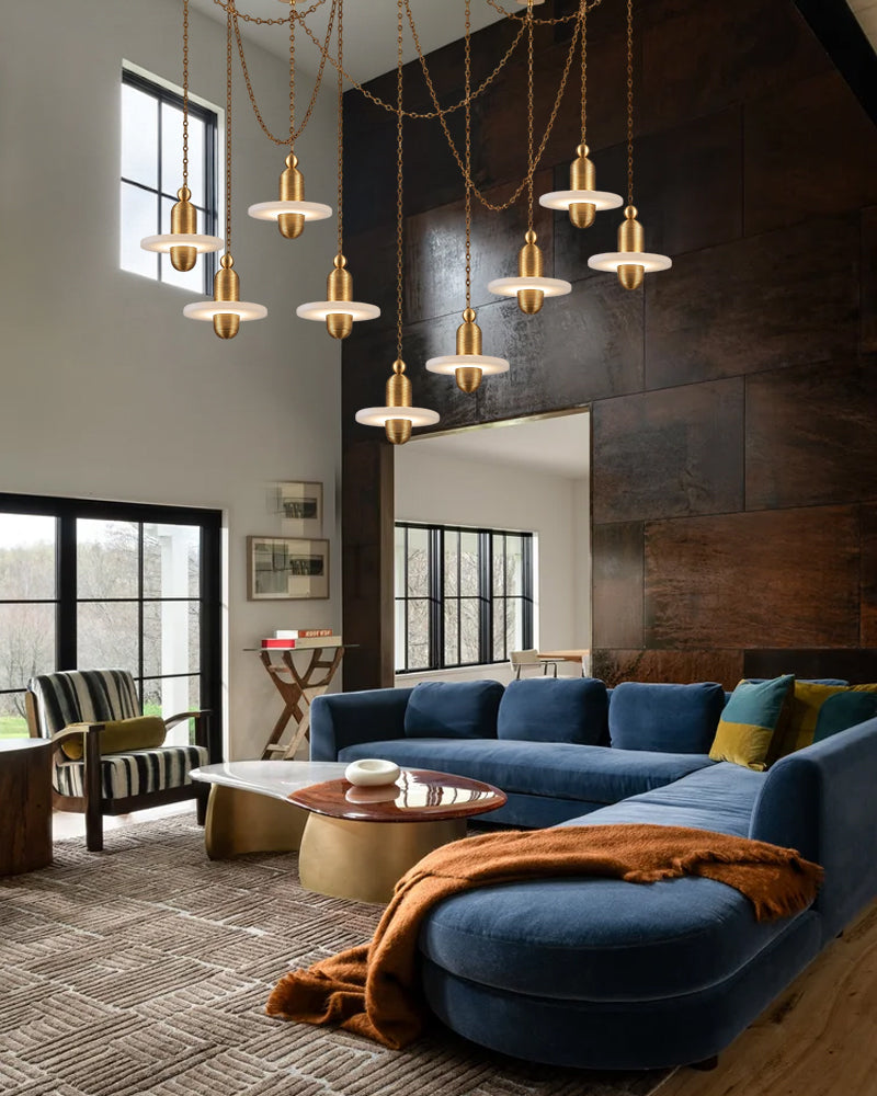 Alabaster Dual Tier Stacked Halo Disc Gold Cluster Pendant Light - Natural Spanish Alabaster, Lux Gold Trim - Living Rooms, Kitchen Islands & Dining Rooms