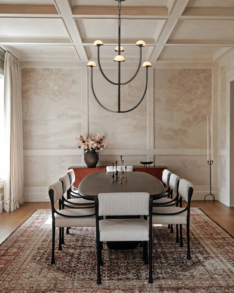 Pedra Two-Tier Chandelier in Antique Burnished Brass/Black Metal with Alabaster Shade American chandelier