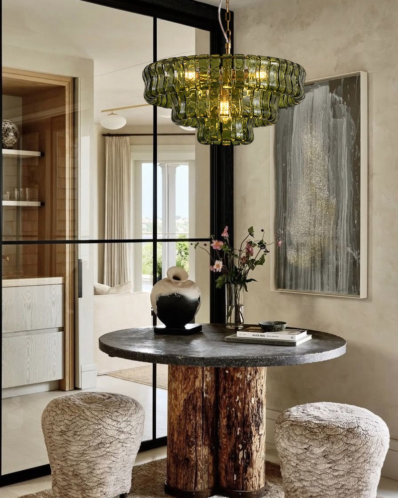 Brina Ghiaccio Murano Glass Smoked Green Cascade Pendant Light - Textured Glass, Heritage Brass Trim - Living Rooms & Dining Rooms