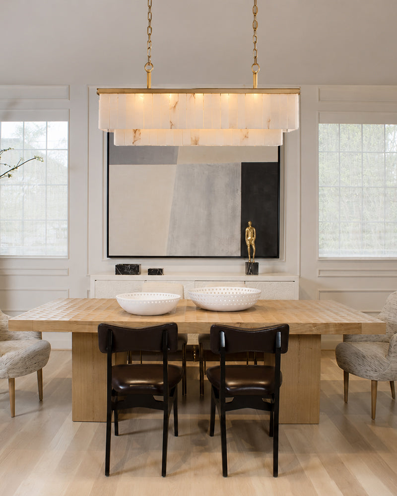 Stowe Alabaster Panel Tapered Canopy Linear Chandelier - Natural Spanish Alabaster, Serene Black Trim - Kitchen Islands & Dining Rooms
