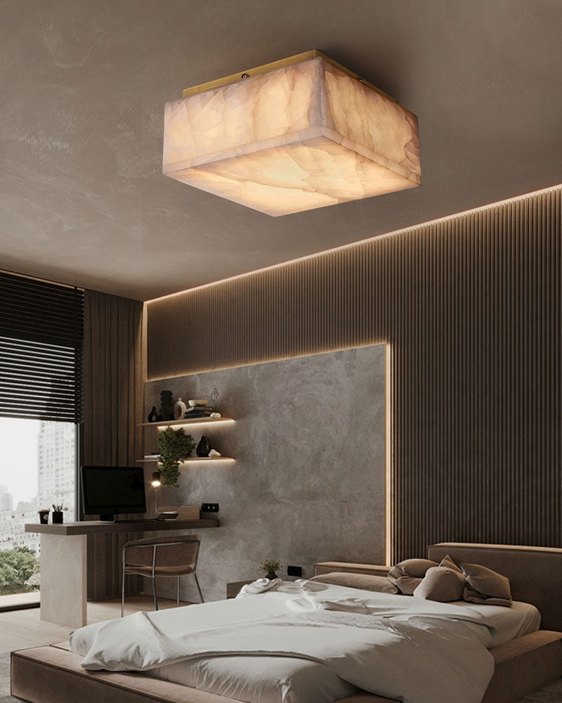 Dia 35/45/60cm Square Alabaster flush mount ceiling light in brass frame for bedroom, corridor, living room