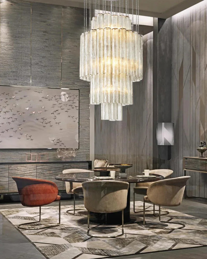 LightsStory Series Geometric Chandelier | Multi-Tiered Durable steel and translucent glass, Polished satin nickel finish for Grand halls, dining spaces, and statement staircases American chandelier