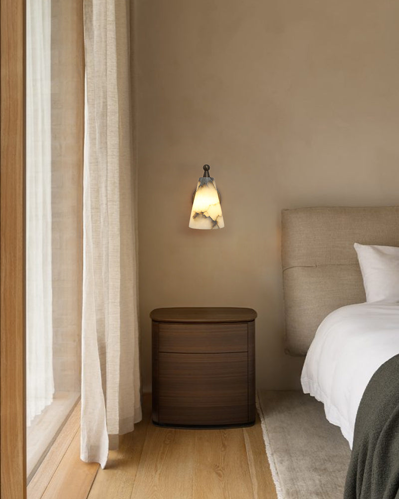 LightsStory Series Ethereal Wall Sconce | Natural Stone Genuine Hand-Carved Alabaster, Rich Golden Brass for Bedside, Hallways, and Bathroom Vanities Flush Mounted Wall Sconce Lamp