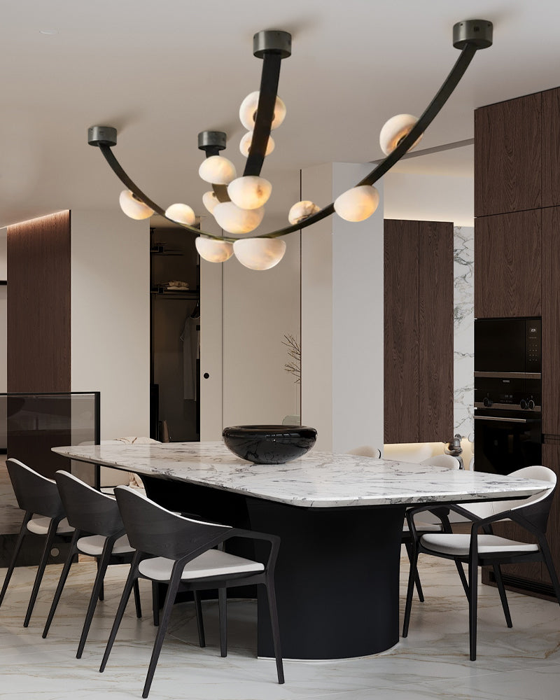 Leather pendant lamps with semicircular marble diffusers on a U-shaped strip metal base