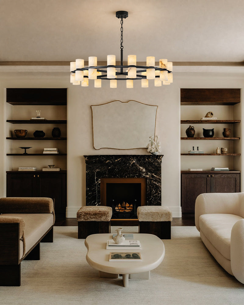 Alabaster Dual Candle Halo Ring Candelabra Chandelier- Natural Spanish Alabaster, Heritage Brass Trim - Living Rooms, Dining Rooms, Lobby, Stairwells