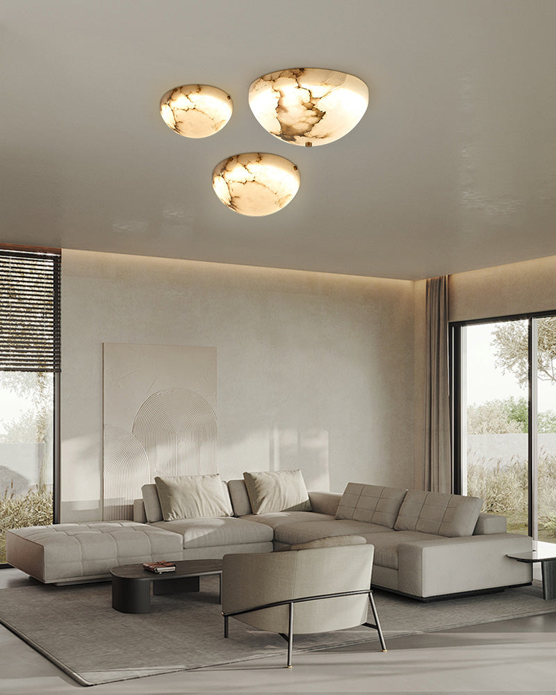 LED Alabaster Semi-Flush Ceiling Light with Round Bowl in brushed brass for living room, hallway