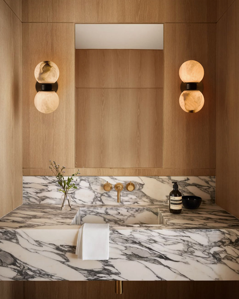 Modern LED Dual Alabaster Globe Wall Light Fixtures Wide 3" 5" | Brass/Bronze Metal