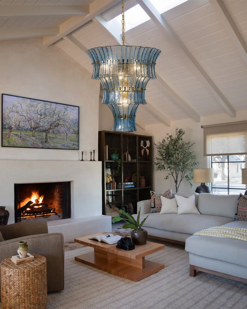 Ghiaccio Glass Atlantic Blue Prism Multi Tiered Waterfall Chandelier - Heritage Brass Trim - Living Room & Dining Room