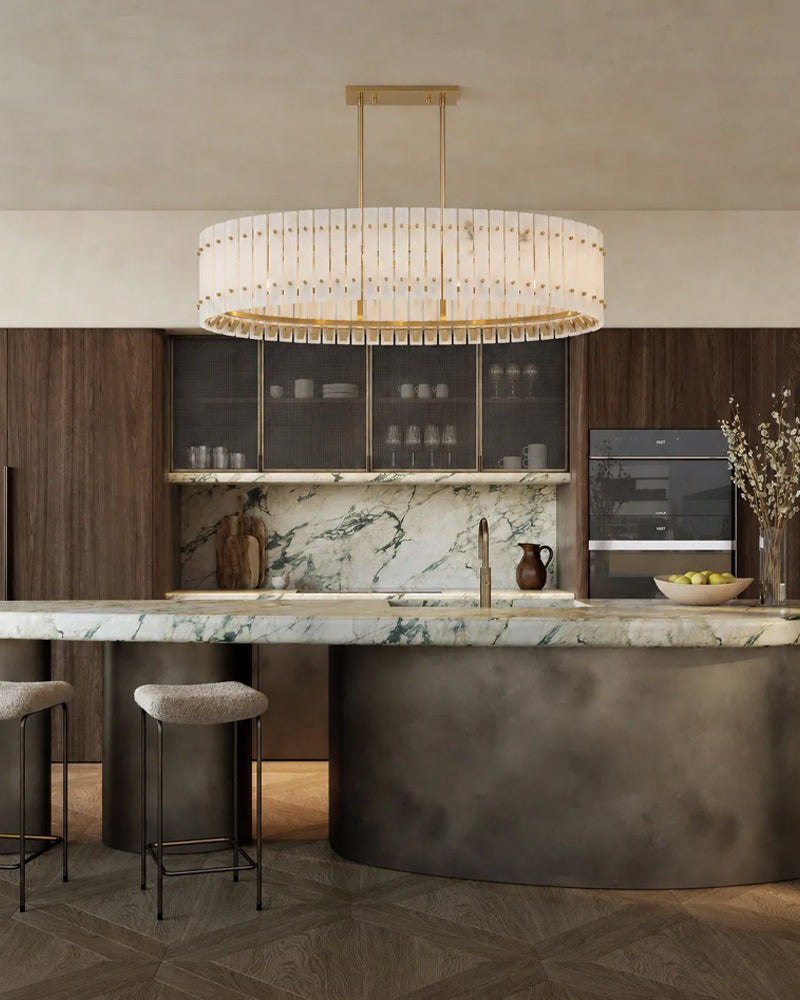 Burton Alabaster Gold Studded Panel Linear Oval Pendant Light - Natural Spanish Alabaster Panels, Lux Gold Trim - Kitchen Islands & Dining Rooms