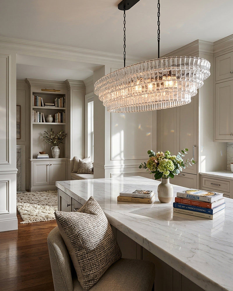 Ghiaccio Clear Glass Concentric Multi Tiered Oval Linear Chandelier - Ghiaccio Glass, Heritage Brass Trim - Kitchen Islands & Dining Rooms