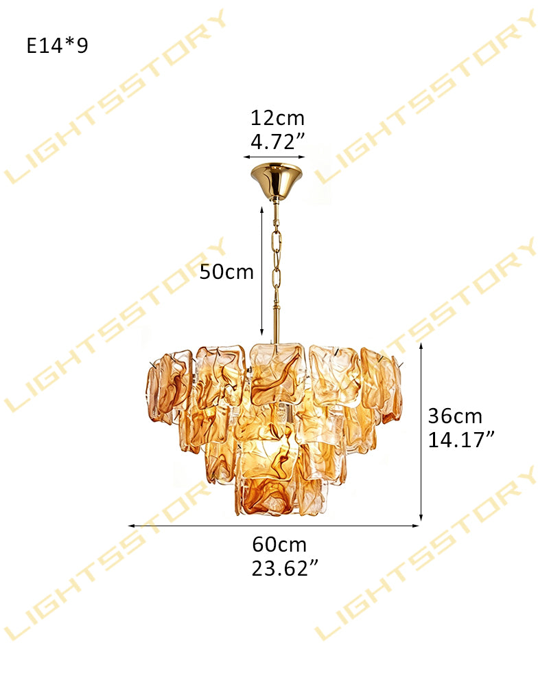 Murano Glass Amber Glow Circular Prism Multi Tiered Waterfall Chandelier - Handblown Glass, Brass Trim - Living Rooms, Dining Rooms & Bedrooms