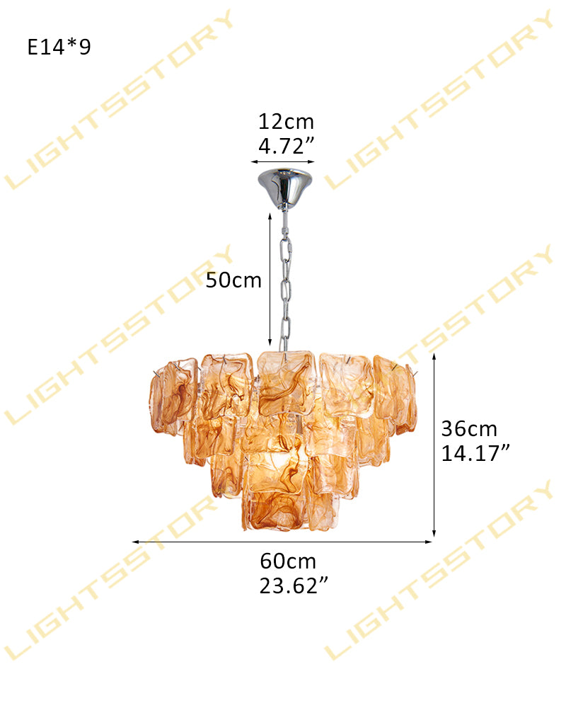 Murano Glass Amber Glow Circular Prism Multi Tiered Waterfall Chandelier - Handblown Glass, Brass Trim - Living Rooms, Dining Rooms & Bedrooms
