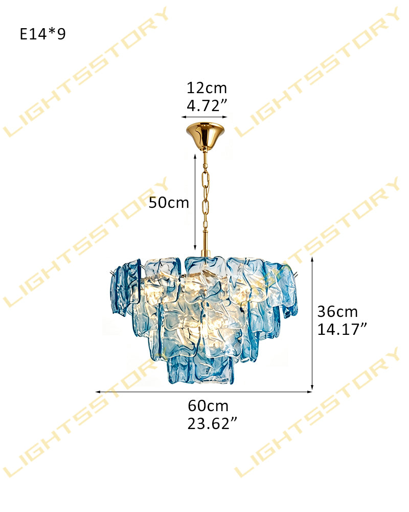 Murano Glass Azure Blue Circular Prism Multi Tiered Waterfall Chandelier - Handblown Glass, Brass Trim - Living Rooms, Dining Rooms & Bedrooms