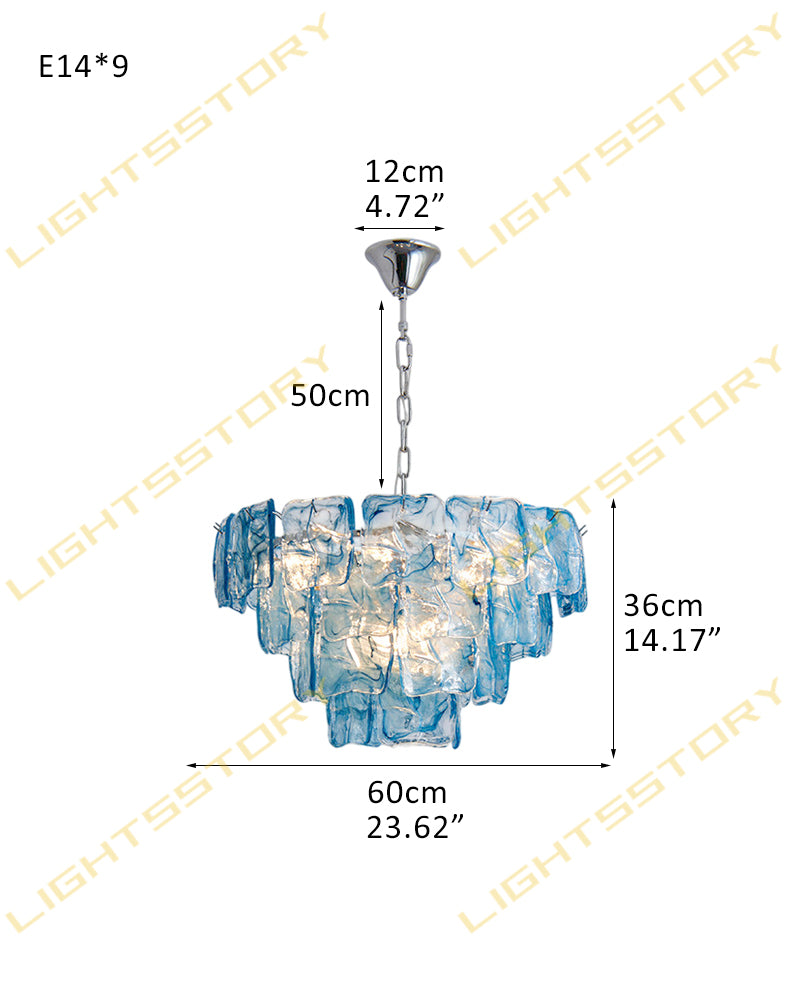 Murano Glass Azure Blue Circular Prism Multi Tiered Waterfall Chandelier - Handblown Glass, Brass Trim - Living Rooms, Dining Rooms & Bedrooms