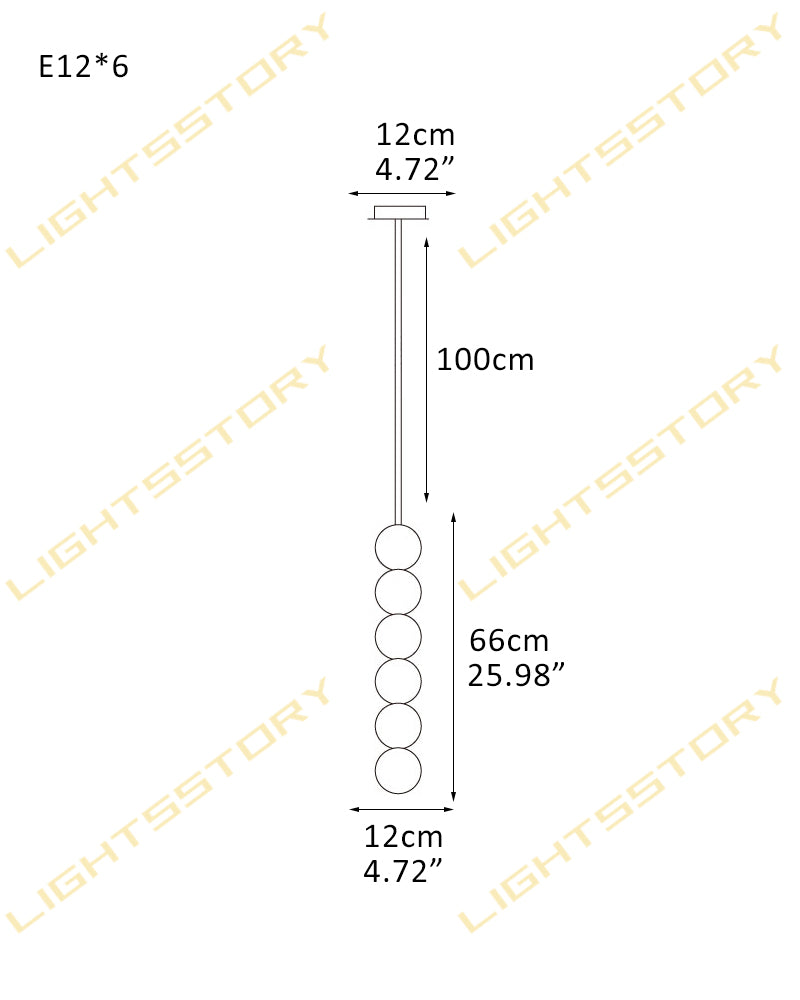 Technical dimension diagram of a hanging light fixture with six round bulbs, showing measurements of 100cm length, 12cm width, and 66cm for the bulb cluster, with a diagonal LIGHTSSTORY watermark.