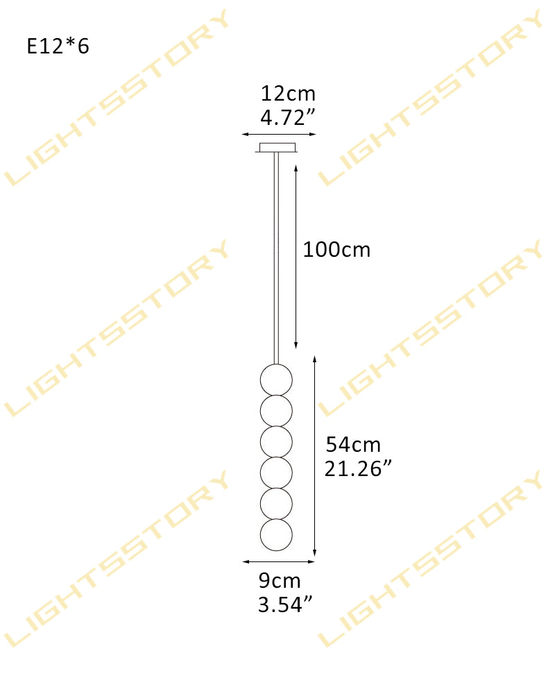 Technical dimension diagram of a hanging light fixture with six round bulbs, showing measurements of 100cm length, 12cm width, and 9cm bulb diameter, with LIGHTSSTORY watermarks across the image.