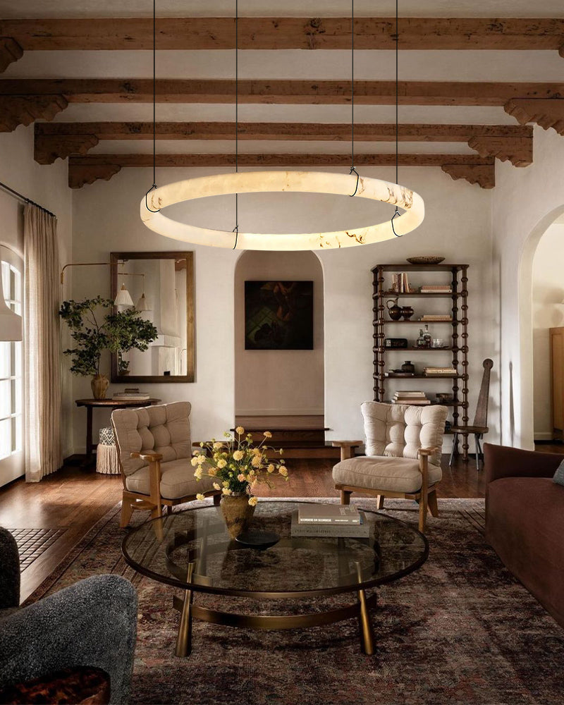 Alabaster Circular Halo Ring Cradled Arch Pendant Light - Natural Spanish Alabaster Rings, Serene Black Trim - Kitchens, Dining & Living Rooms
