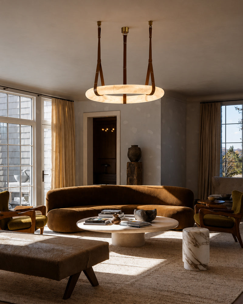 Alabaster Torus Halo Ring Leather Strap Canopy Pendant Light - Natural Spanish Alabaster, Organic Leather Trim - Kitchens, Dining & Living Rooms