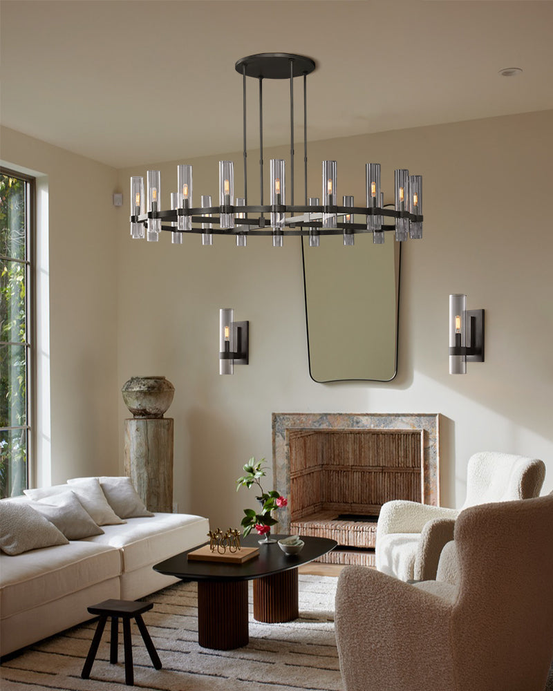 Lacquered Black/Brass Metalwork Linear Ravelle Clear Glass Chandelier Wide 54" 69" for dining room table