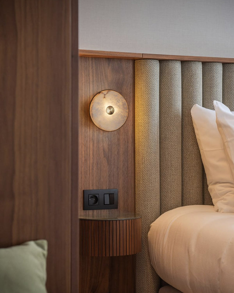 Lausanne Series Alabaster Wall Sconces | Nature Texture Round Sconces for Bathroom Bedroom Flush Mounted Wall Sconce Lamp