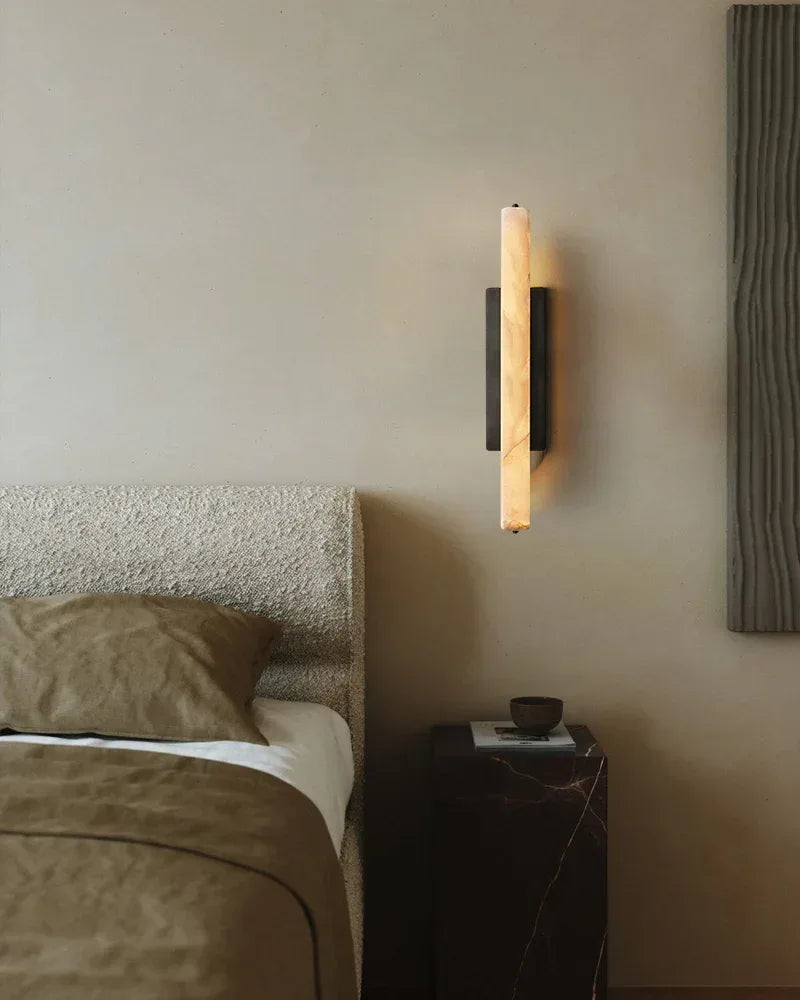 LightsStory Series Geometric Wall Sconce | Vertical Brass Lines Sleek Brass and Raw Veined Alabaster, Burnished Brass and Black finish for Modern Living Rooms and Hallways Flush Mounted Wall Sconce Lamp