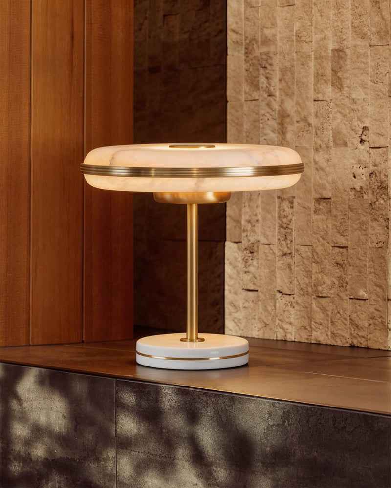 Alabaster Round Table Light - White Stone - Colorful Base - LED - Small