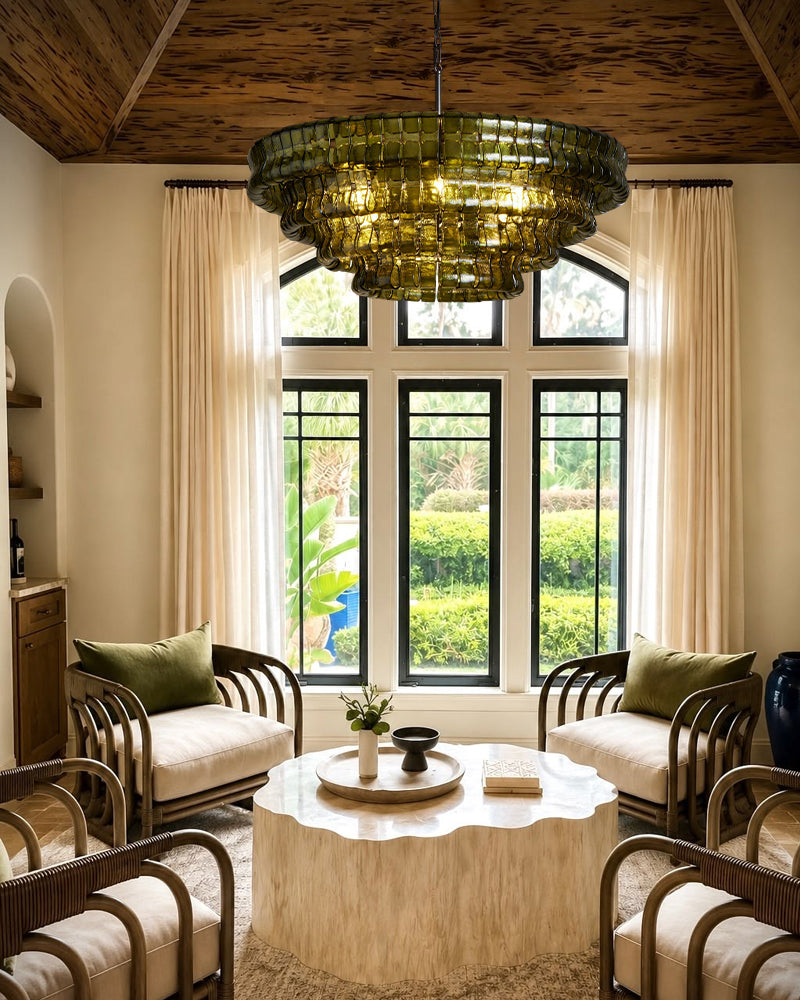 Brina Ghiaccio Murano Glass Smoked Green Cascade Pendant Light - Textured Glass, Heritage Brass Trim - Living Rooms & Dining Rooms