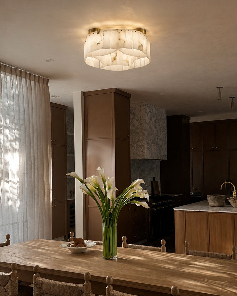 Alabaster Concentric Swirl Ceiling Light - Natural Spanish Alabaster, Flush Mount, Heritage Brass Trim - Bedrooms, Hallways, Bathrooms & Living Rooms